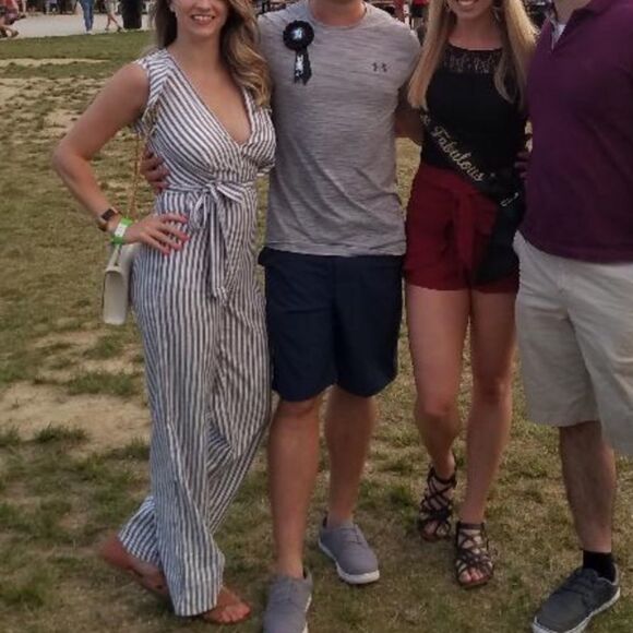 Blue and white striped low cut ruffle jumpsuit - Picture 2 of 9